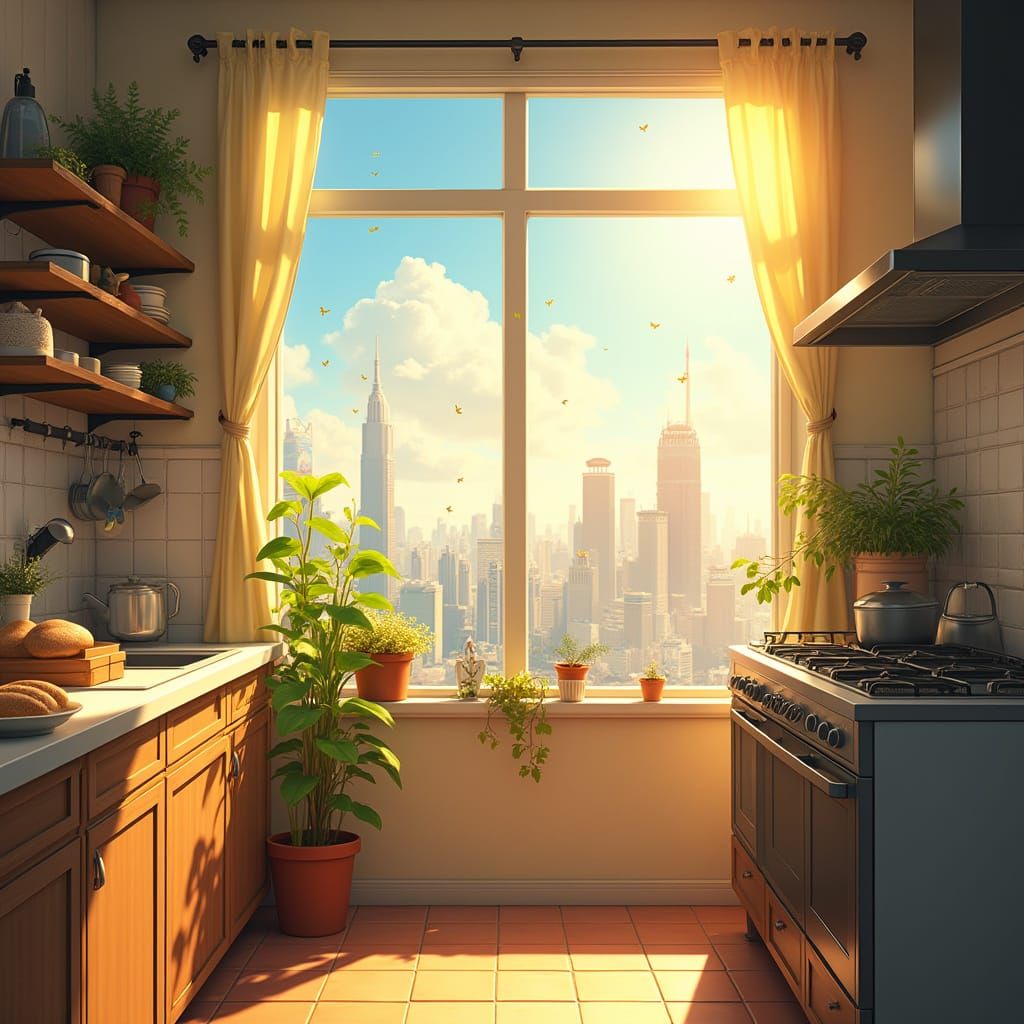 Sunlit Anime Kitchen with Futuristic Cityscape