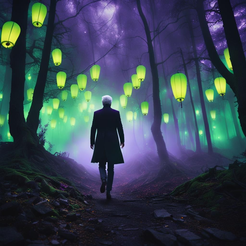 Prince in Misty Forest with Neon Lights