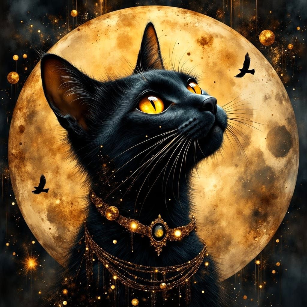 Black Cat Portrait Under Crescent Moon