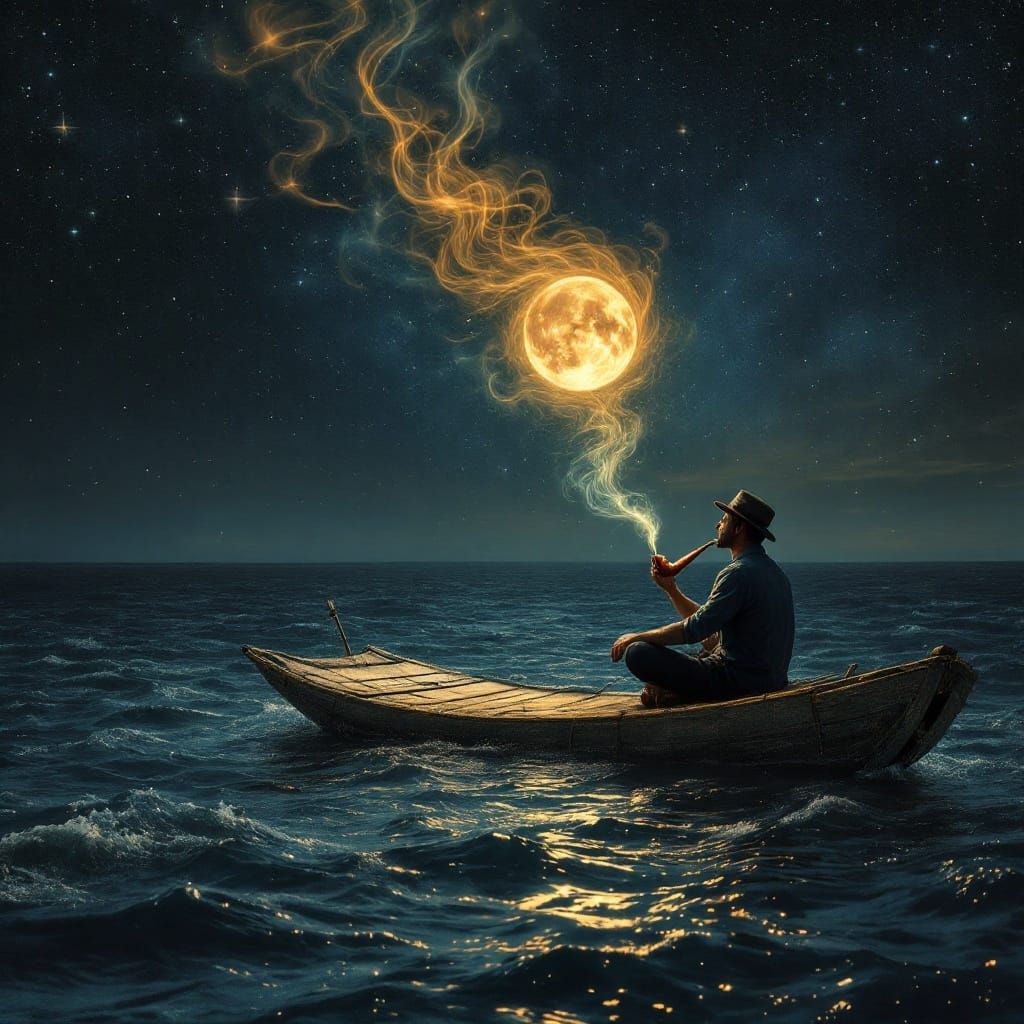 Surreal Fisherman Discovers Mermaid in Starry Cosmic Realm