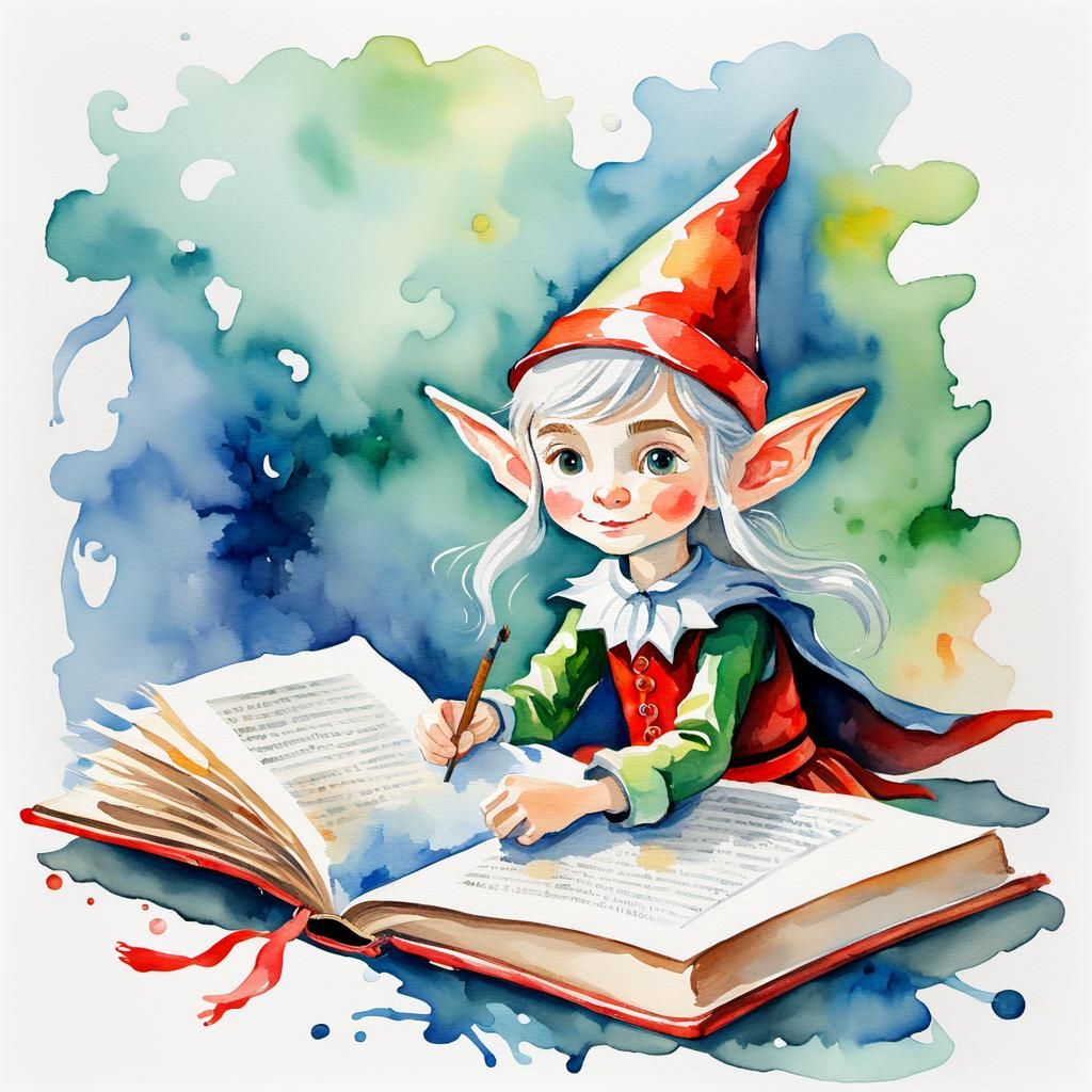 Elf with Book in Watercolor Gouache Style
