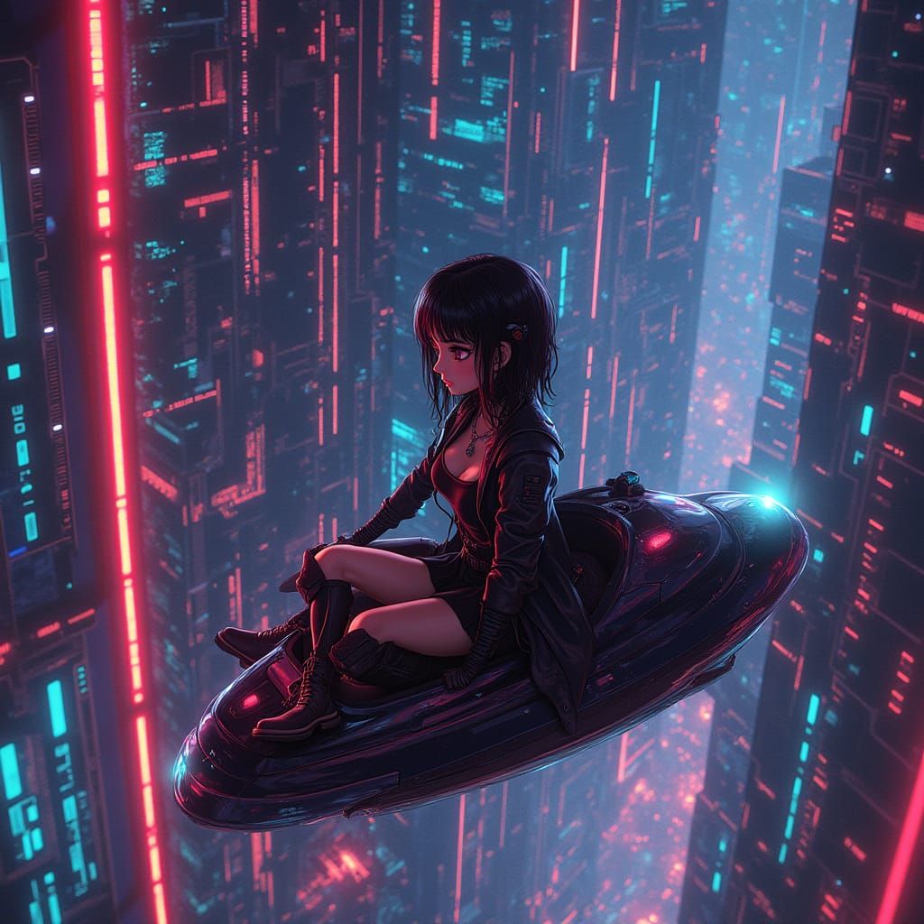 Petite Cyber Pirate Navigating Cyberspace in Neon Style