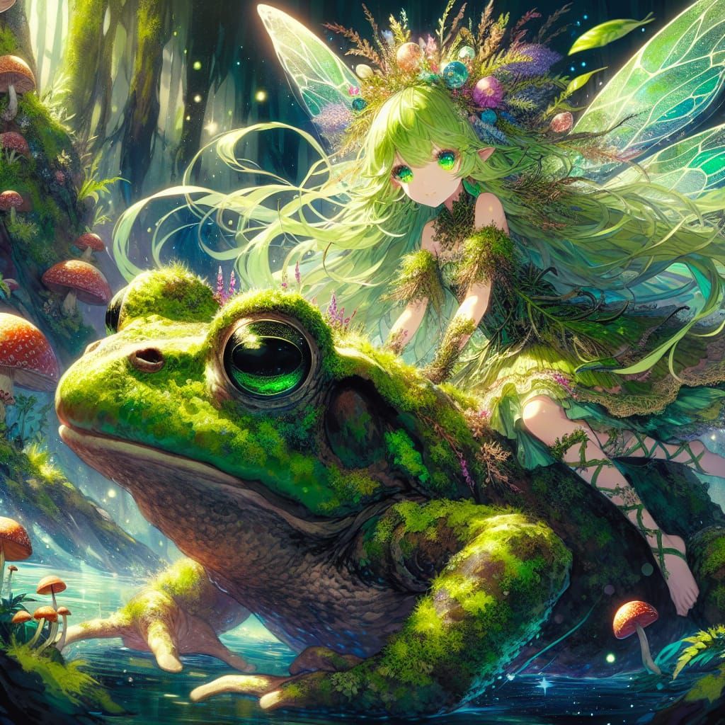 Anime Fairy Rides Giant Toad in Lush Fantasy Scene
