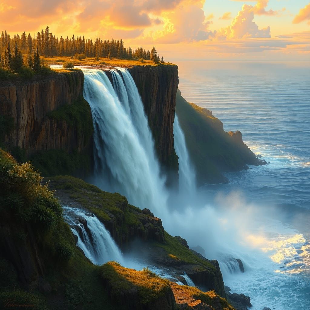 Majestic Waterfall Flowing into Sea at Sunset