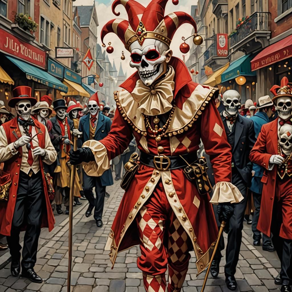 Ornate Jester with Skull Mask in Carnival Street