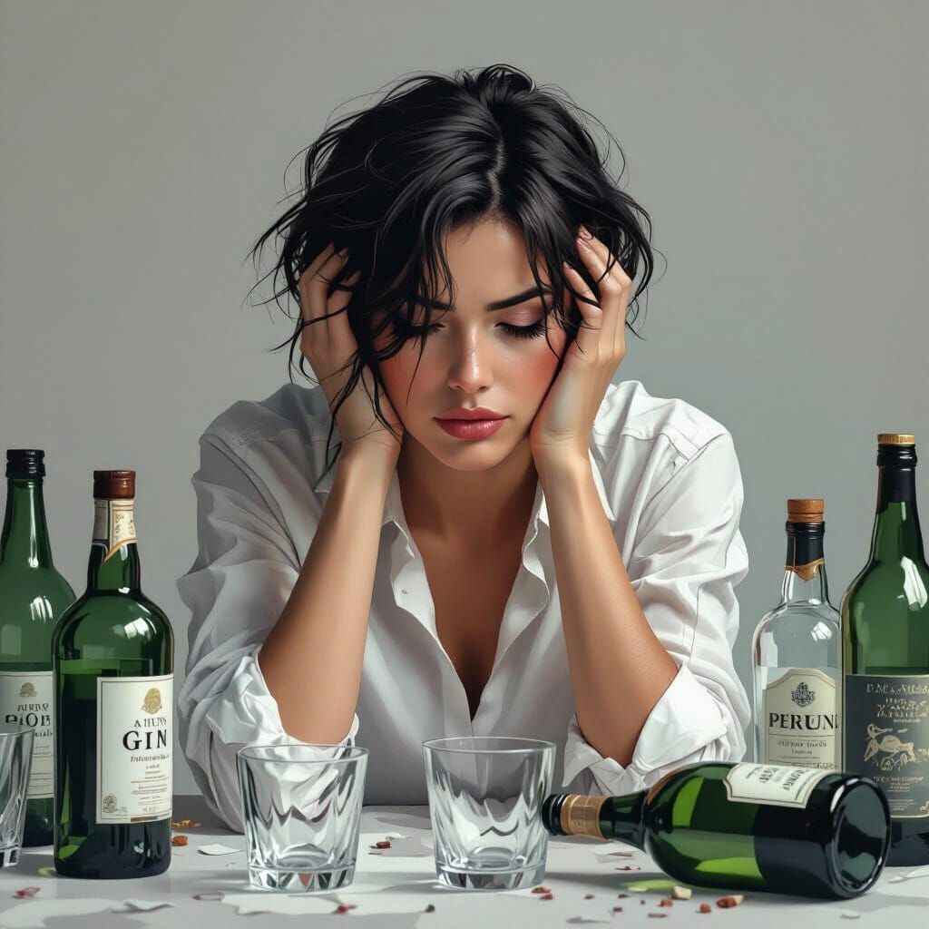 Sorrowful Woman Amongst Gin Bottles: Digital Art