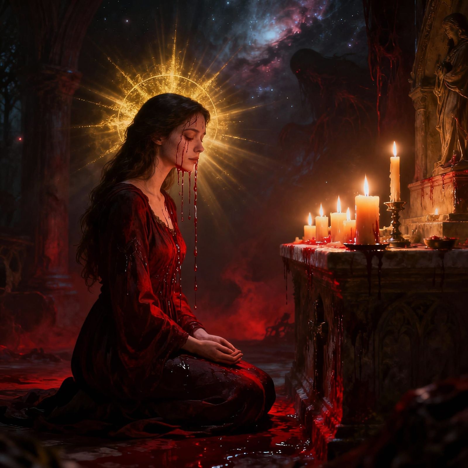 Woman Kneeling at Altar With Blood Tears, Gothic Aura