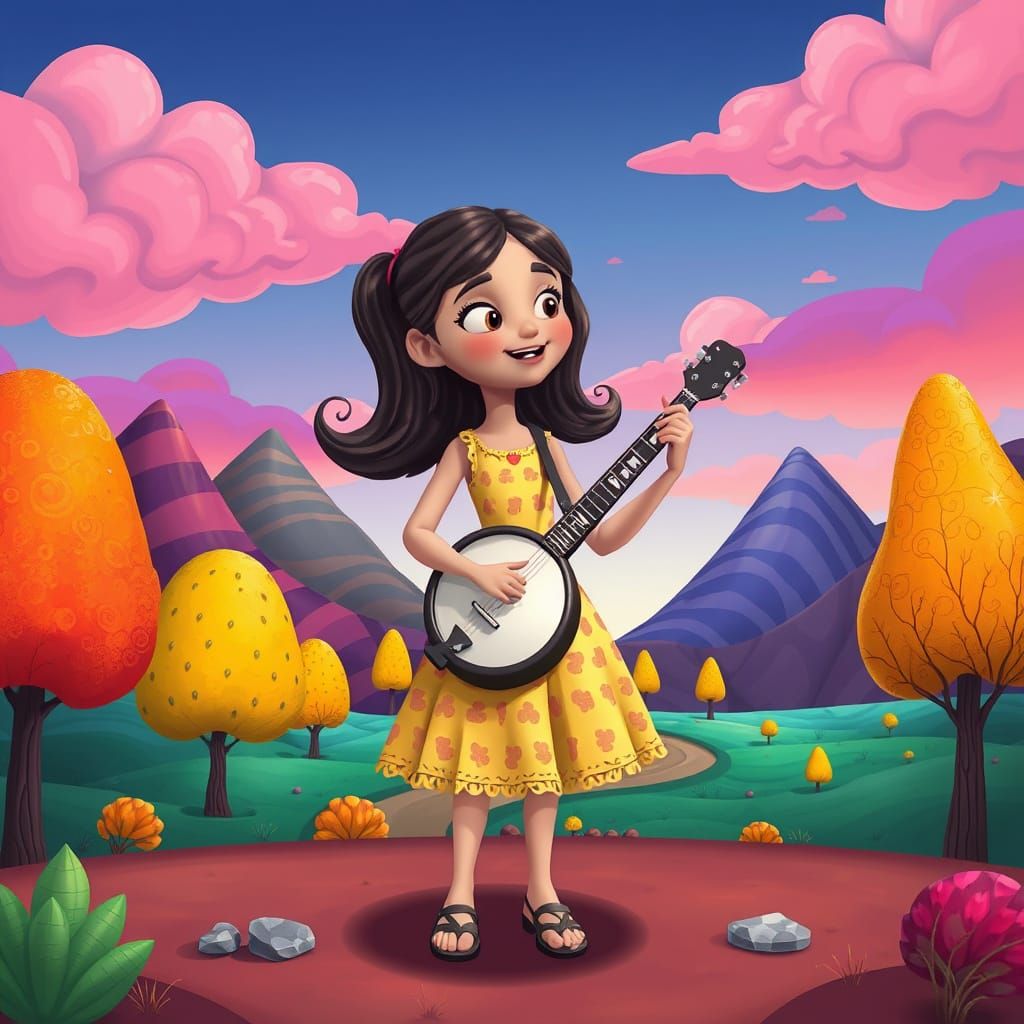 Vibrant Cartoon Girl Plays Banjo in Whimsical Landscape