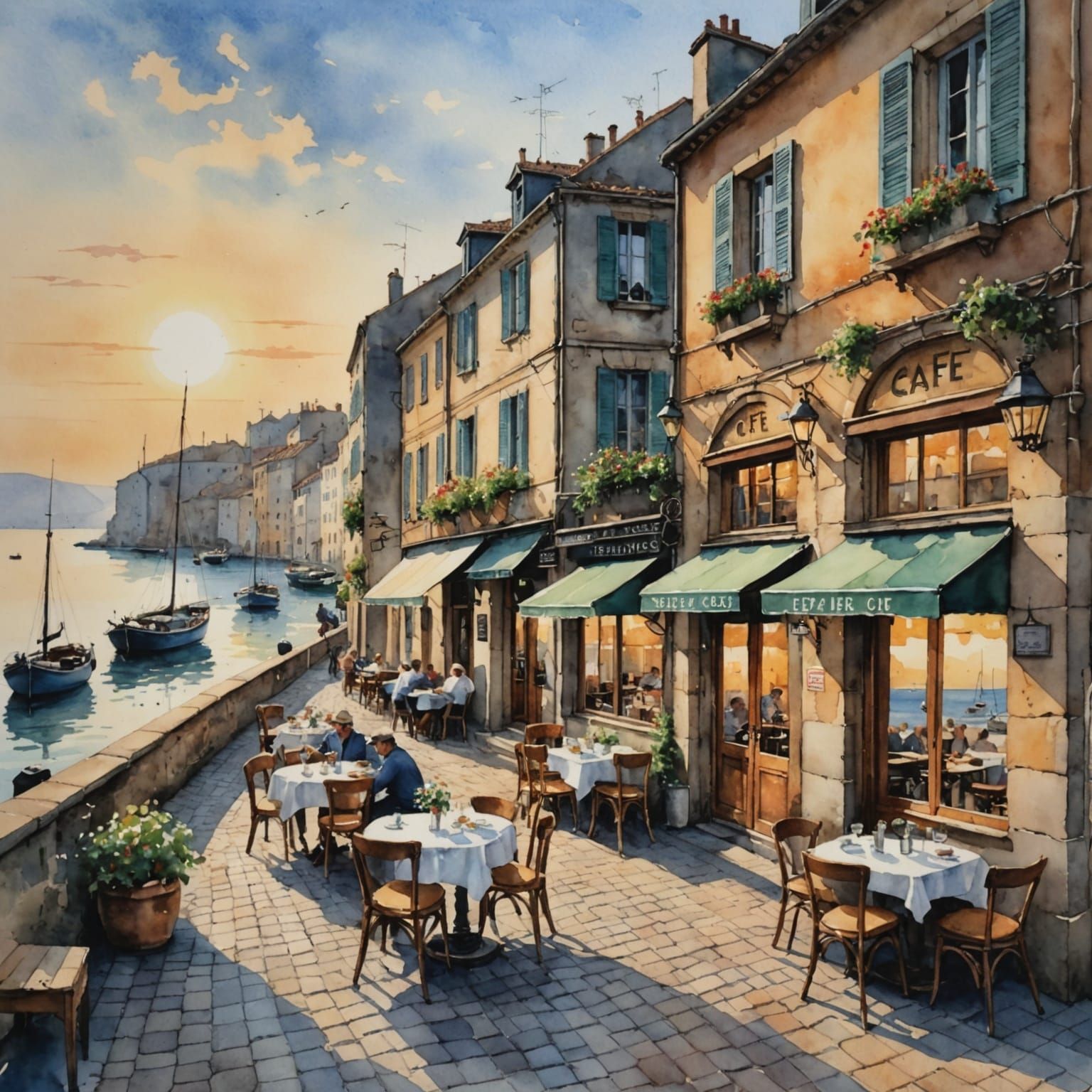 Coastal French Cafe Scene in Watercolor