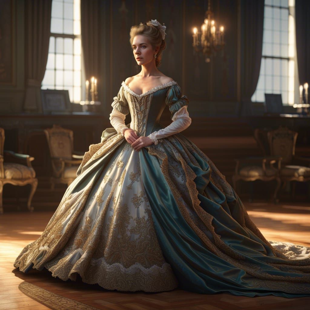 Elegant 1700s Ballroom Scene in Volumetric Lighting