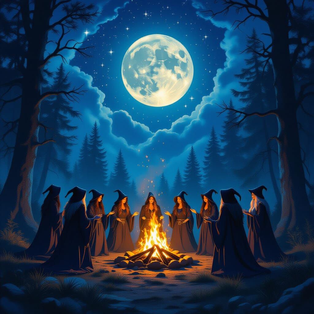 Witches Around Bonfire in Mystical Forest