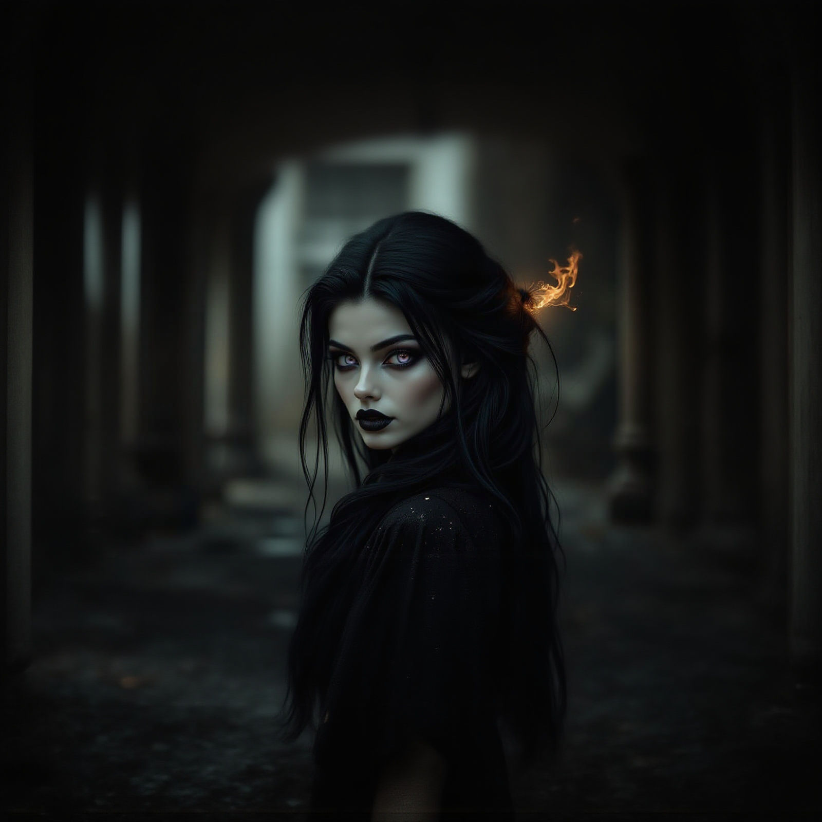 Enigmatic Dark Fantasy Portrait of Ravenna in Elegant Attire