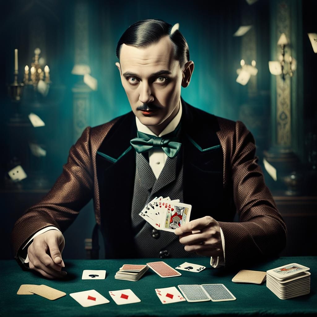 1920s Magician Performing Card Trick in Vintage Photo