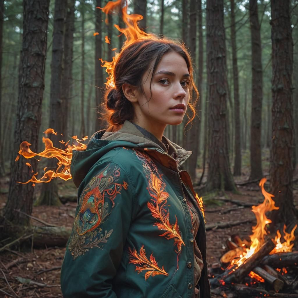 Woman by Fire: Art Nouveau Digital Portrait