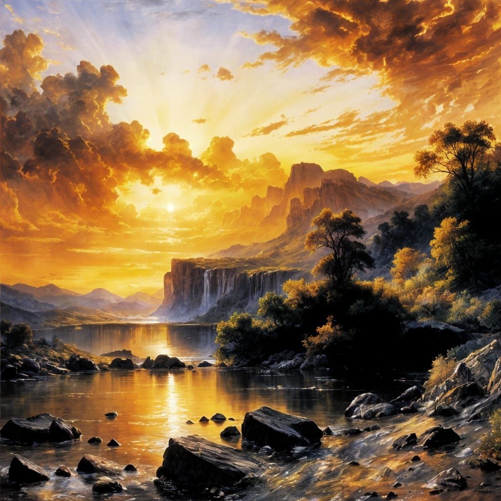 Thomas Moran Style Golden Hour Landscape