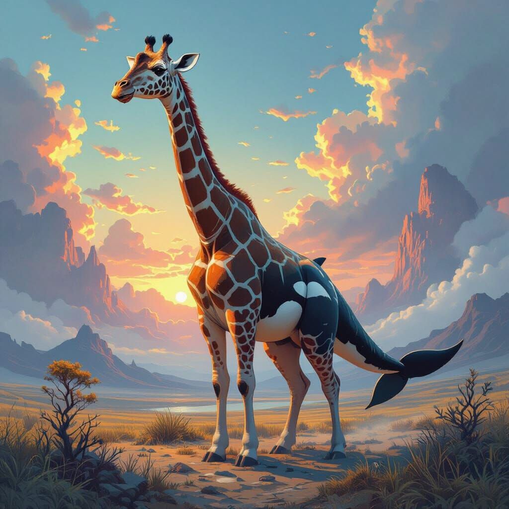 Giraffe-Rex-Orca Hybrid in Dreamlike Landscape
