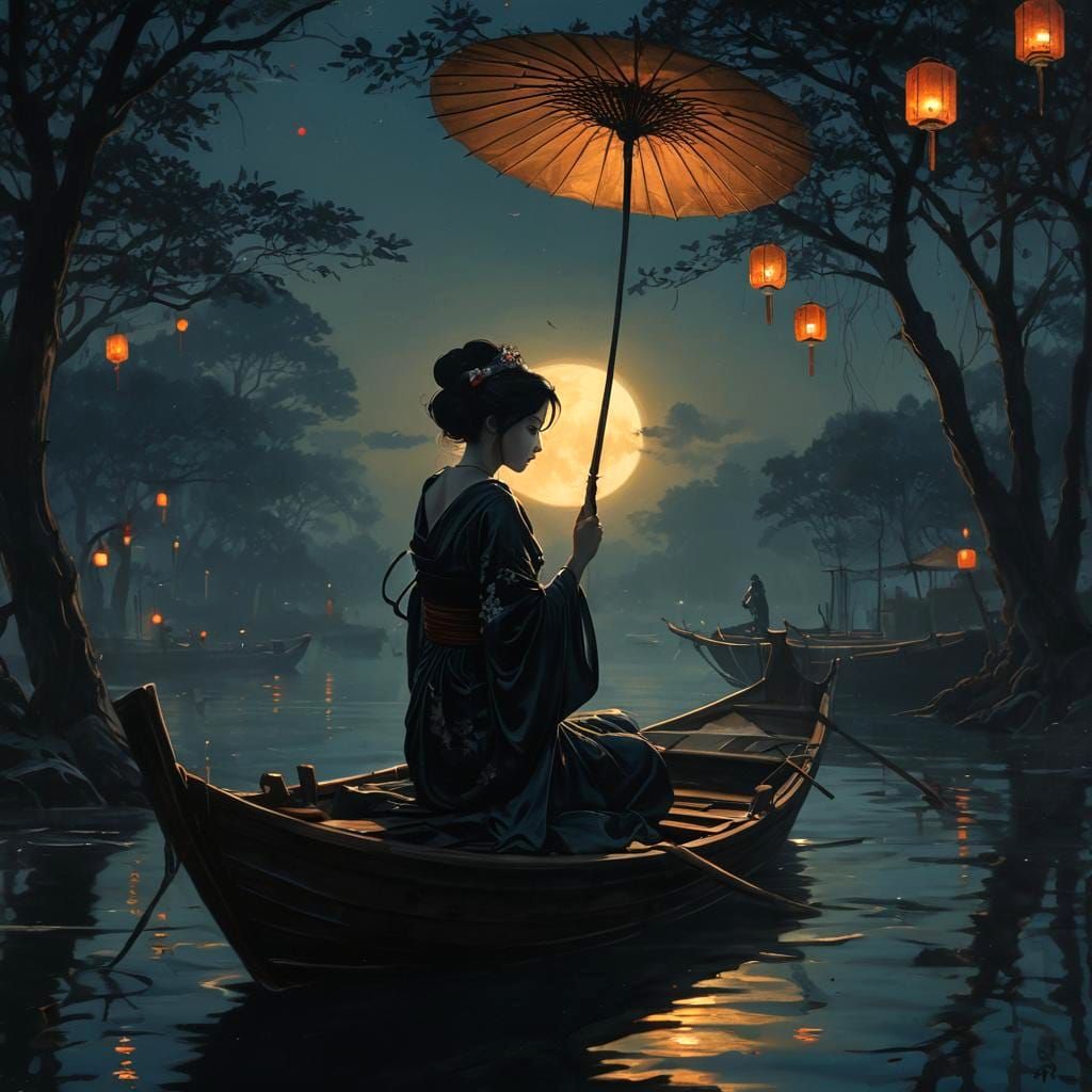 Geisha at Lantern Festival in Magical Realism Style