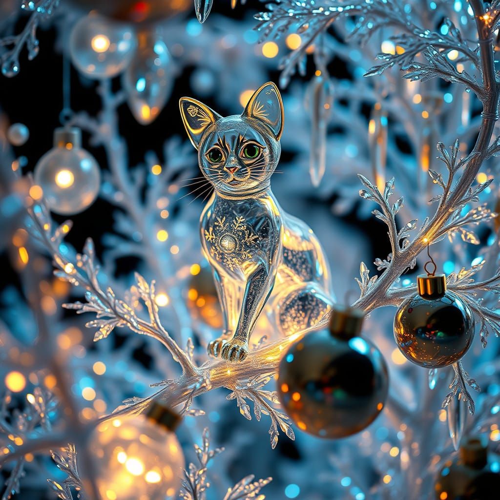 Glass Cat Amidst Crystal Christmas Tree in a World of Fragil...