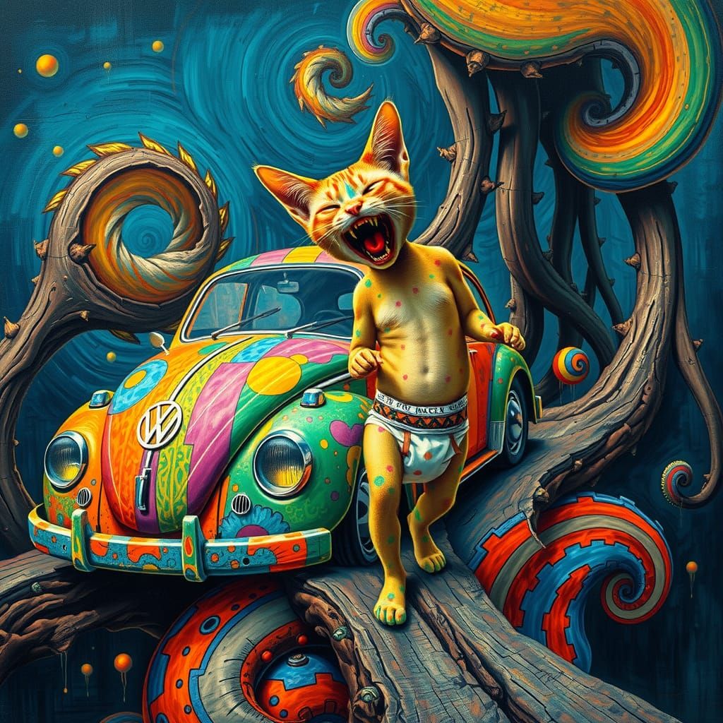 Psychedelic Cat's Silent Scream in a Surreal Dreamscape