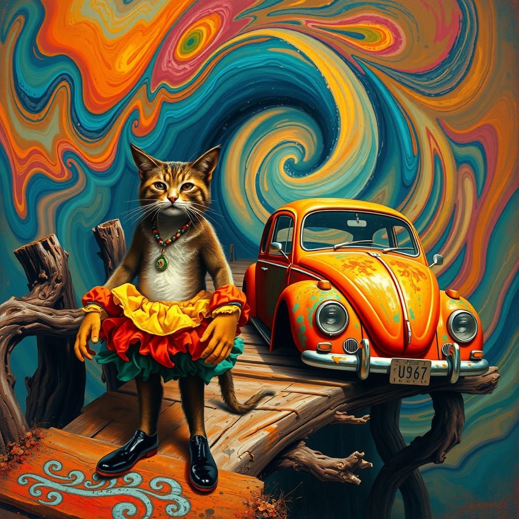 Psychedelic Cat Screaming Beside Rainbow VW Bug