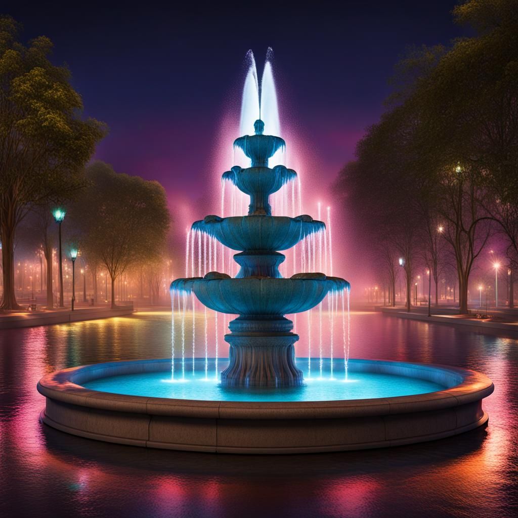 Illuminated Fountain at Night in Hyperrealistic Style