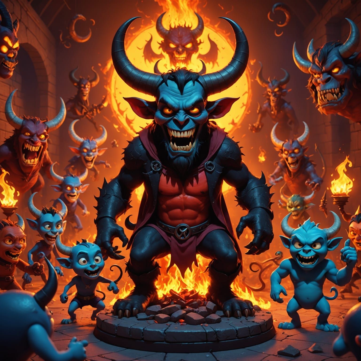 Cartoon Hellscape with Demons and Baphomet