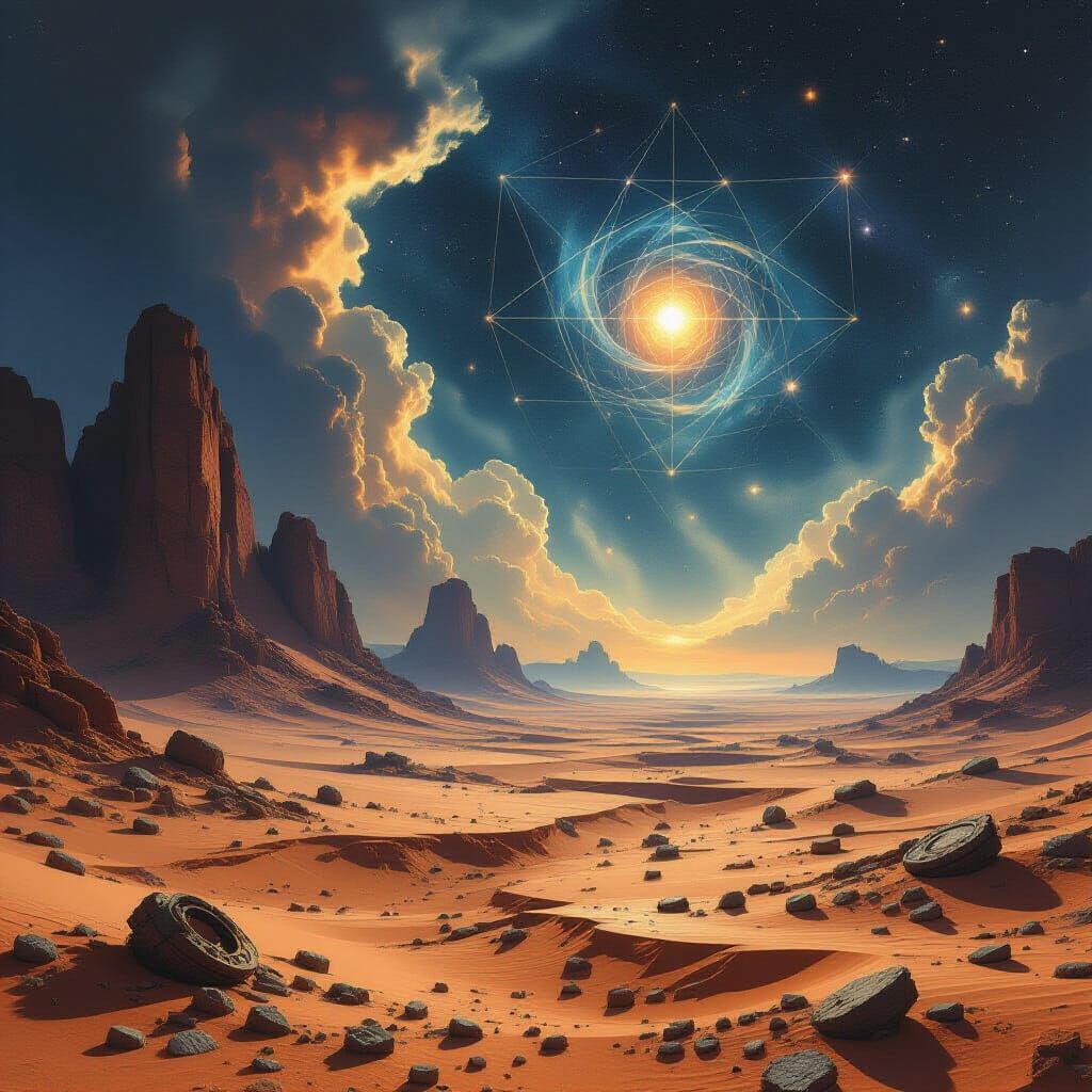 Surreal Desert Landscape with Geometric Constellations