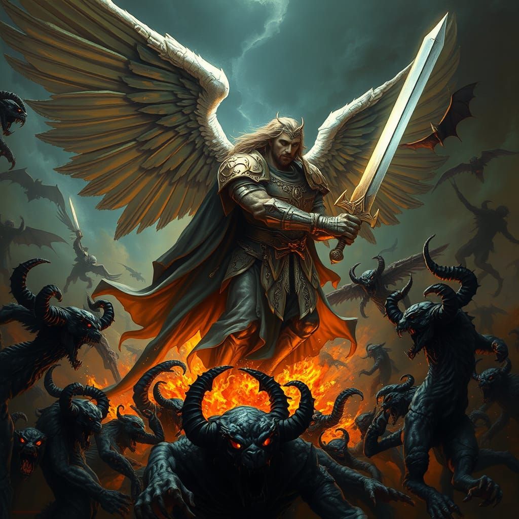 Archangel Defeating Demons in Dramatic Fantasy Art