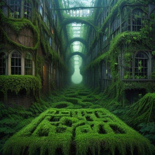 Overgrown City Covered in Vines and Moss