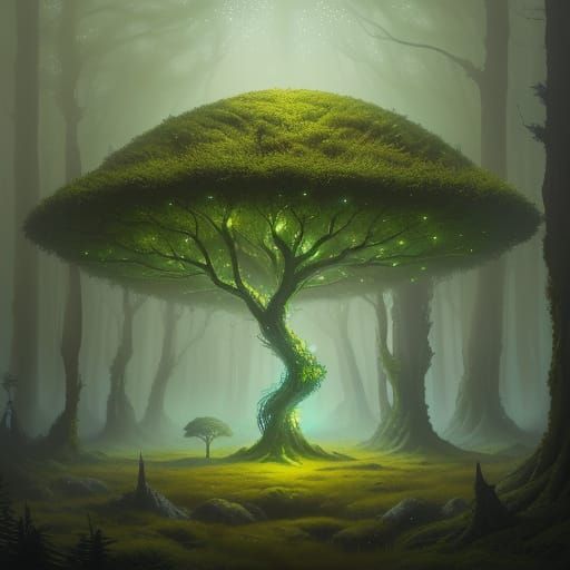 Enchanting Forest with Cosmic Trees, Golden Hour