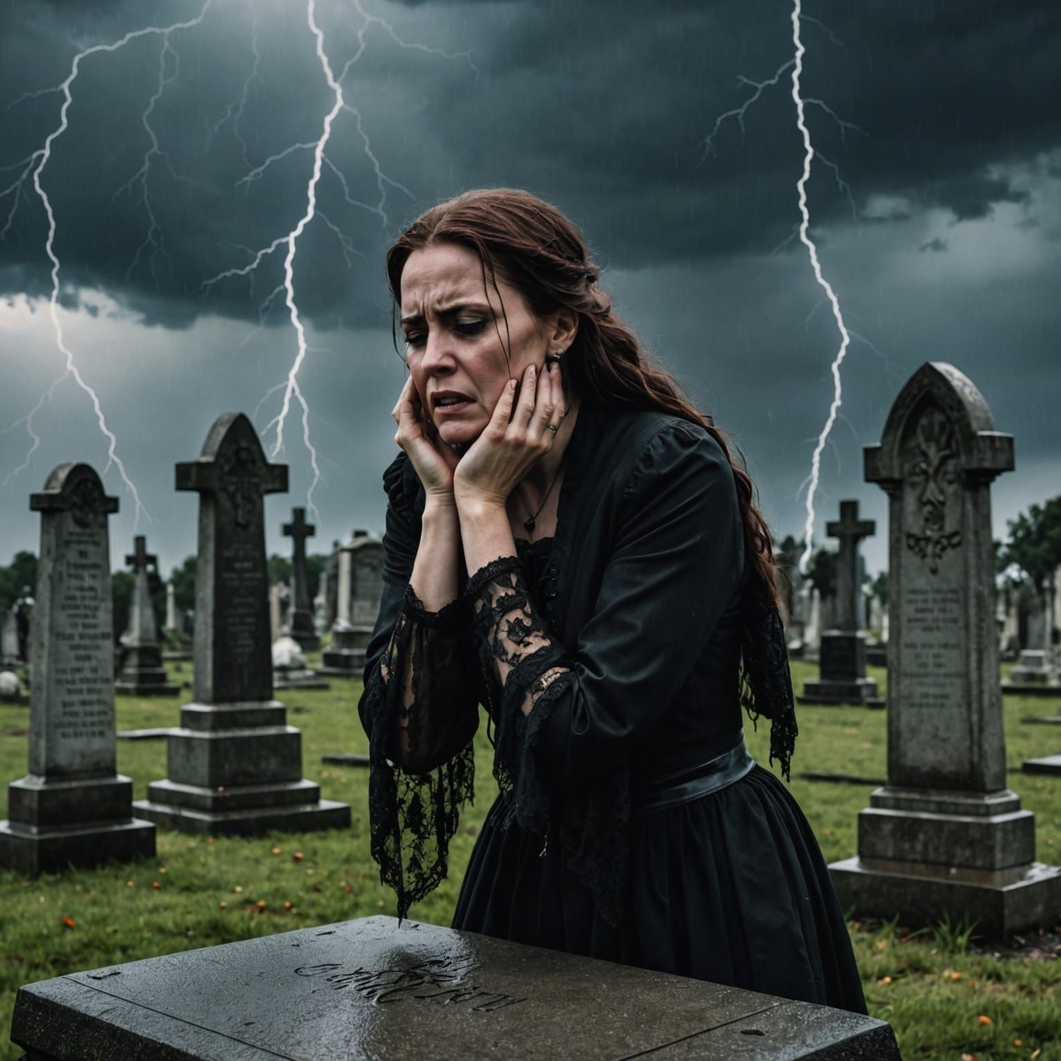 Gothic Portrait: Woman's Grief in Storm