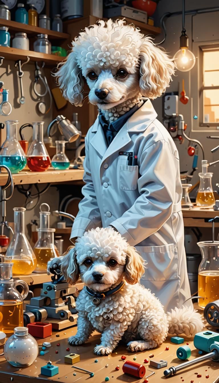 White Rat and Poodle Play in Laboratory: Digital Art