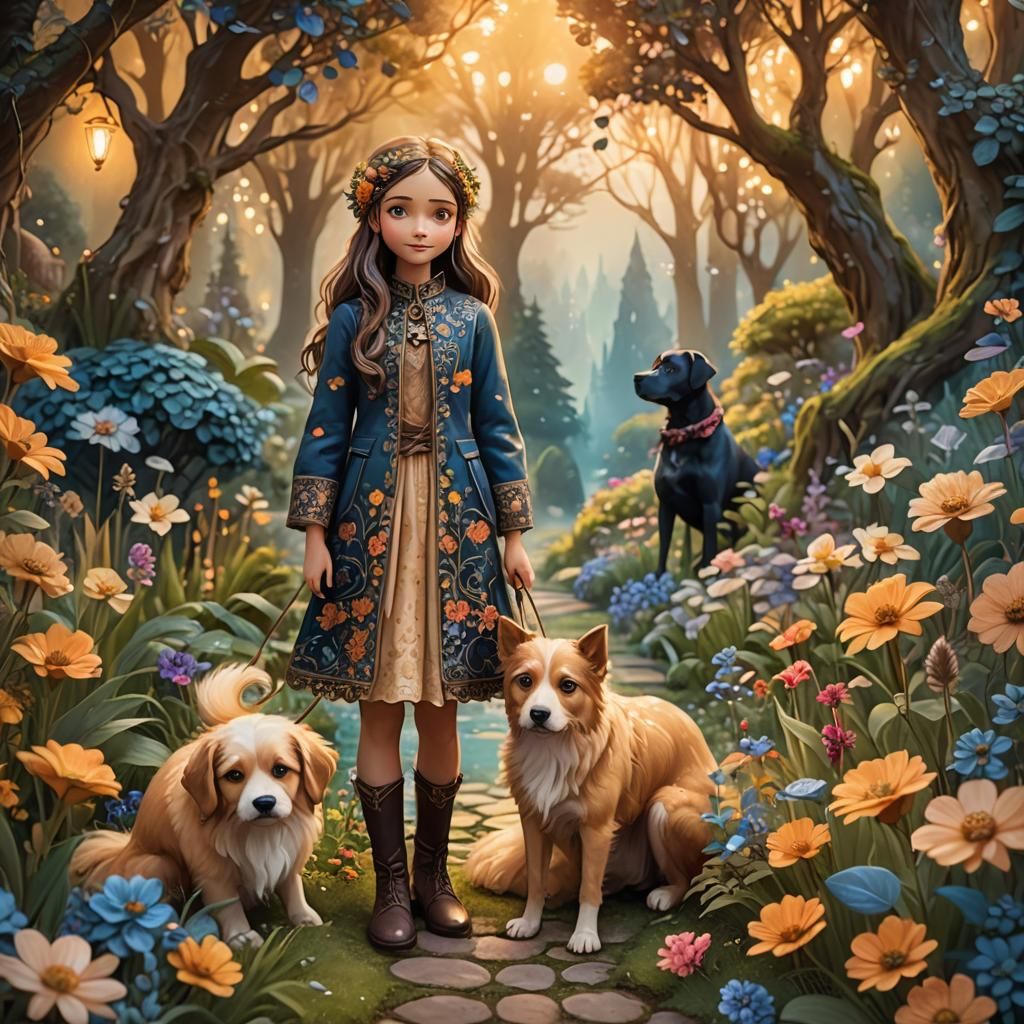 Magical Garden: Girl and Dog in Whimsical Illustration