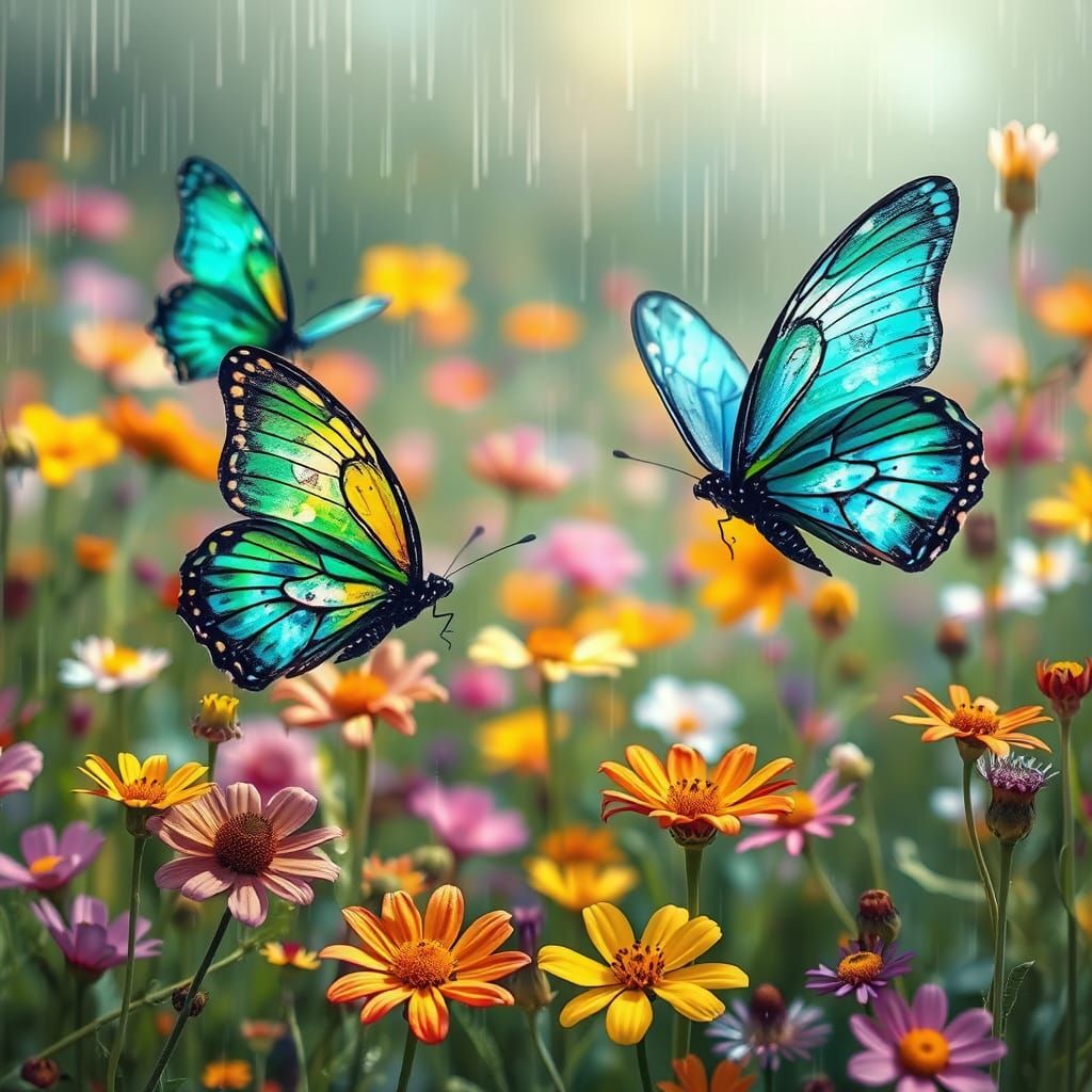 Whimsical Butterflies Dance in a Rainy Meadow