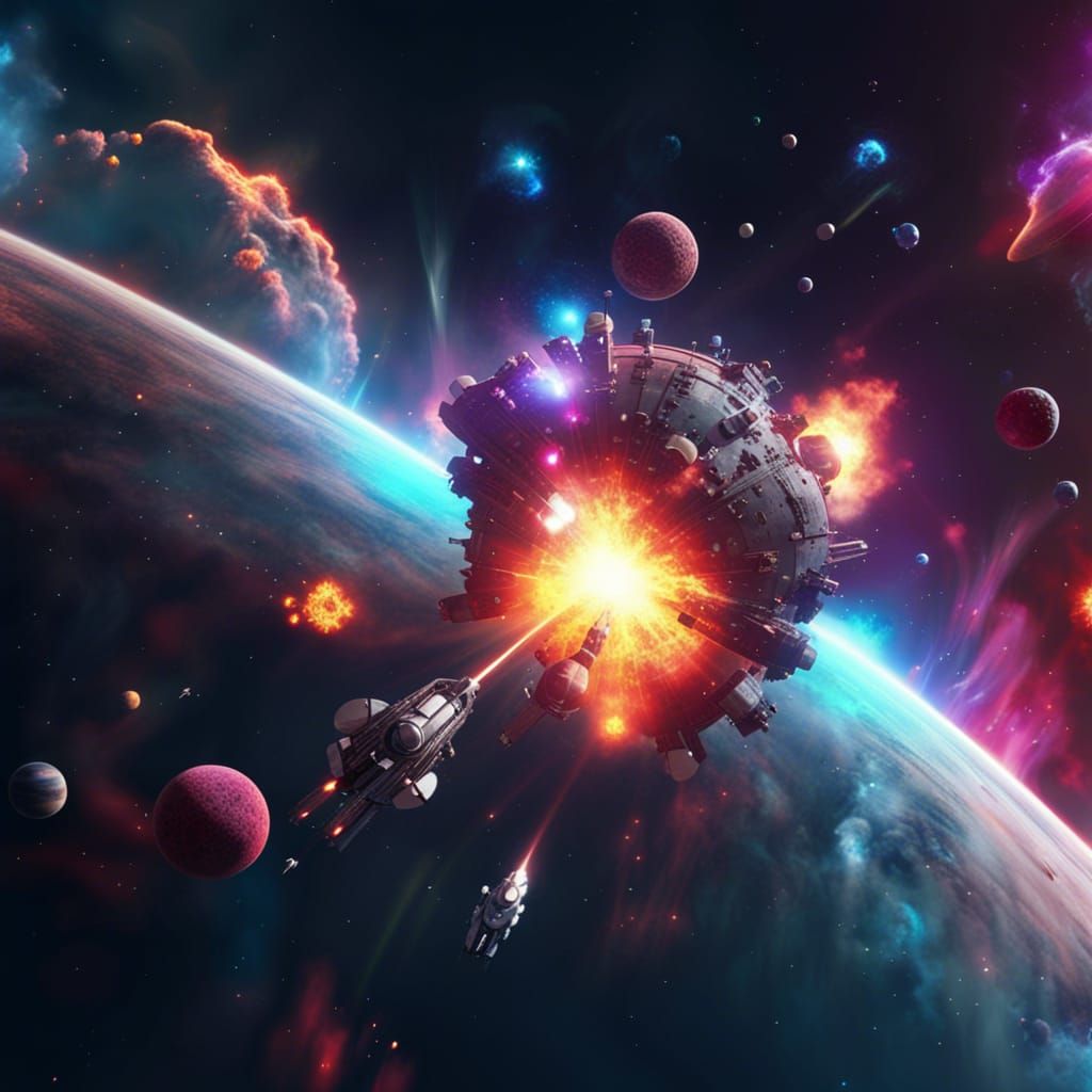 Spaceship Soars Through Colorful Nebula Explosion