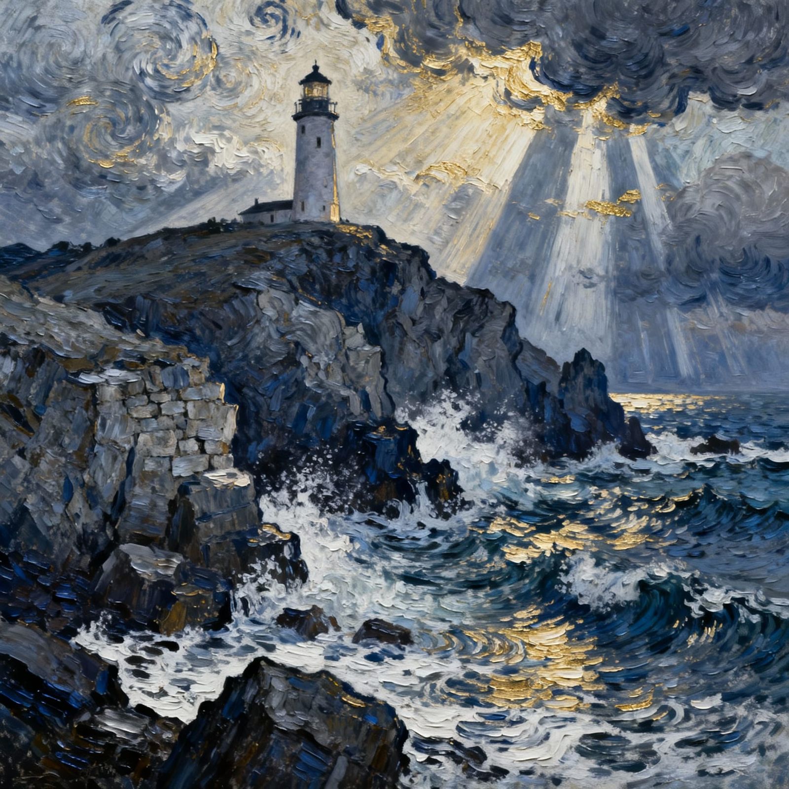 Impasto Oil Painting of Lighthouse on Stormy Cliff