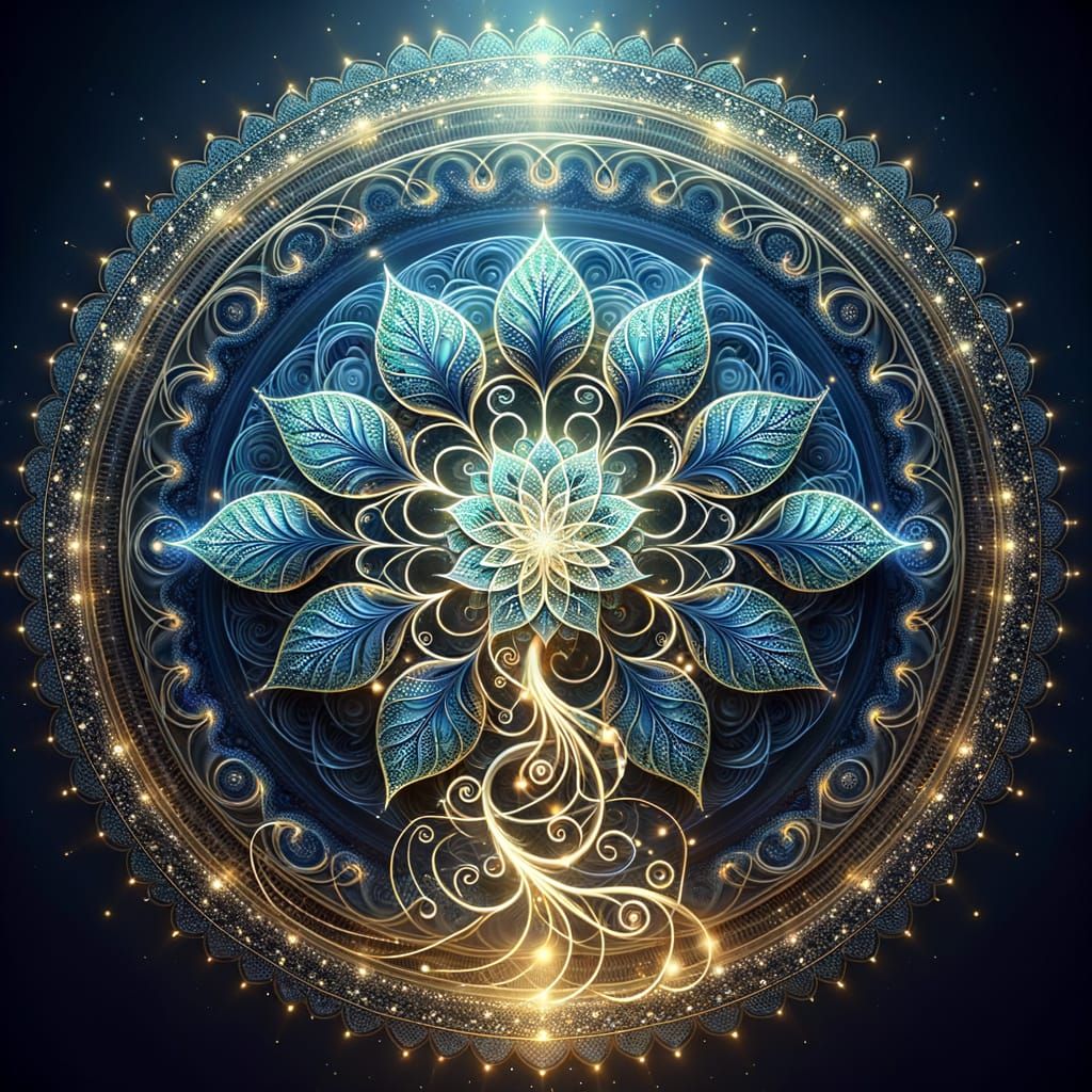 Luminous Mandala with Spiraling Vine and Golden Threads