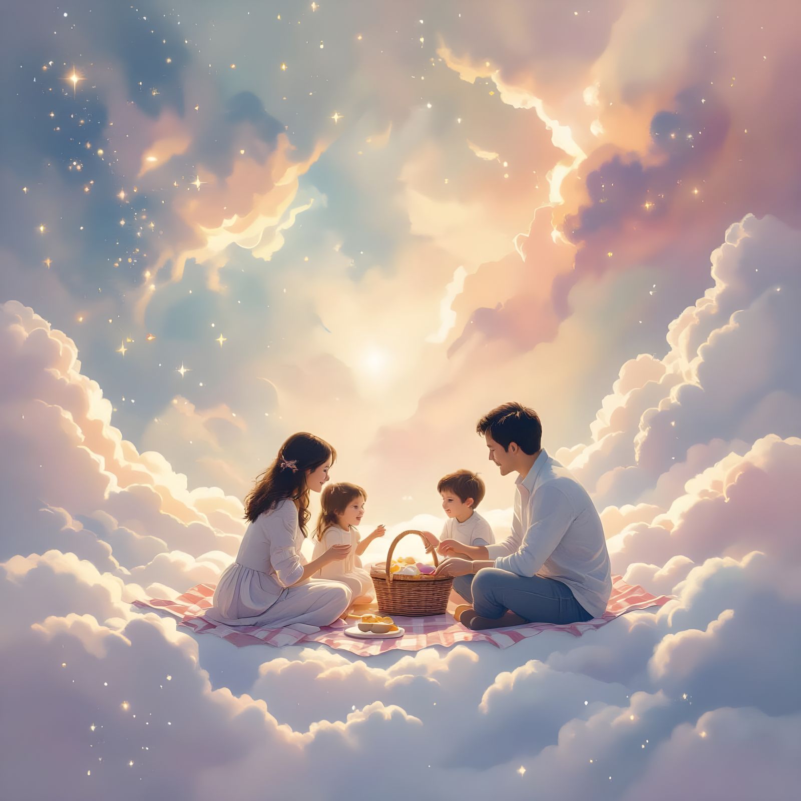 Celestial Family Picnic in Watercolor Style
