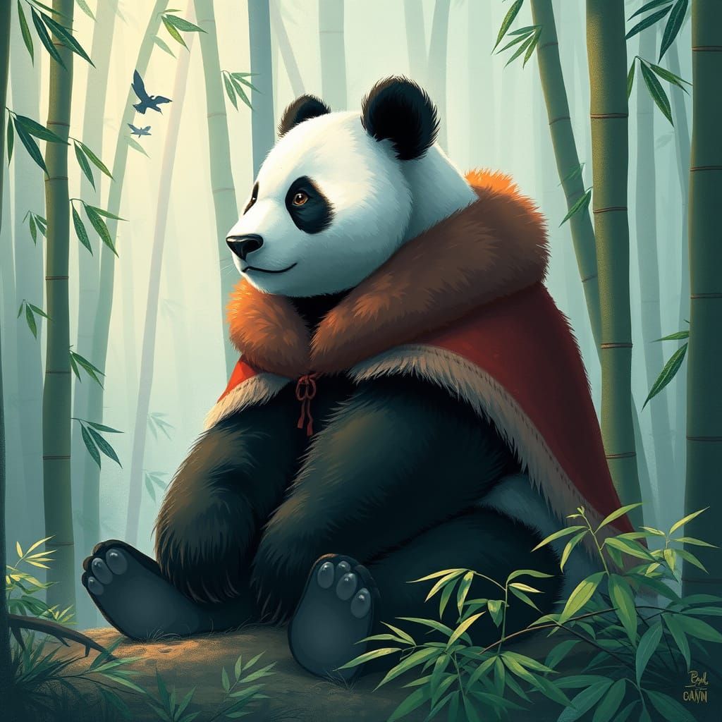 Panda in Bamboo Forest, Whimsical Art Style