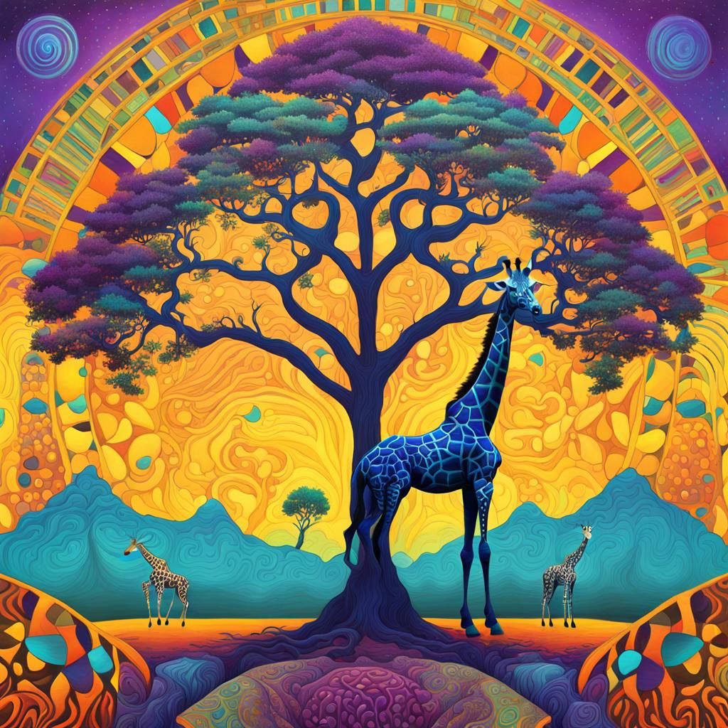 Psychedelic Giraffe Under Tree: Detailed Surreal Art