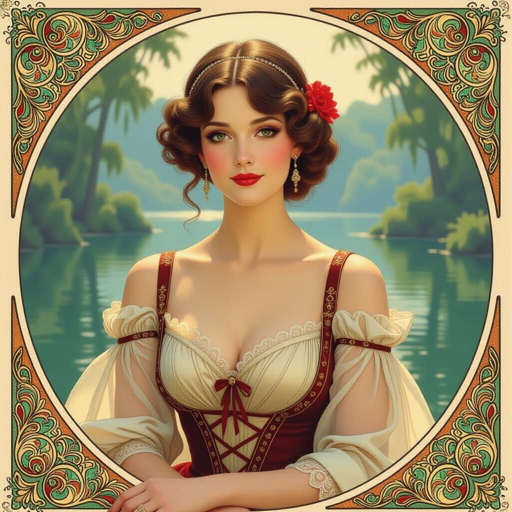 Elegant Woman Posing, Art Nouveau Illustration