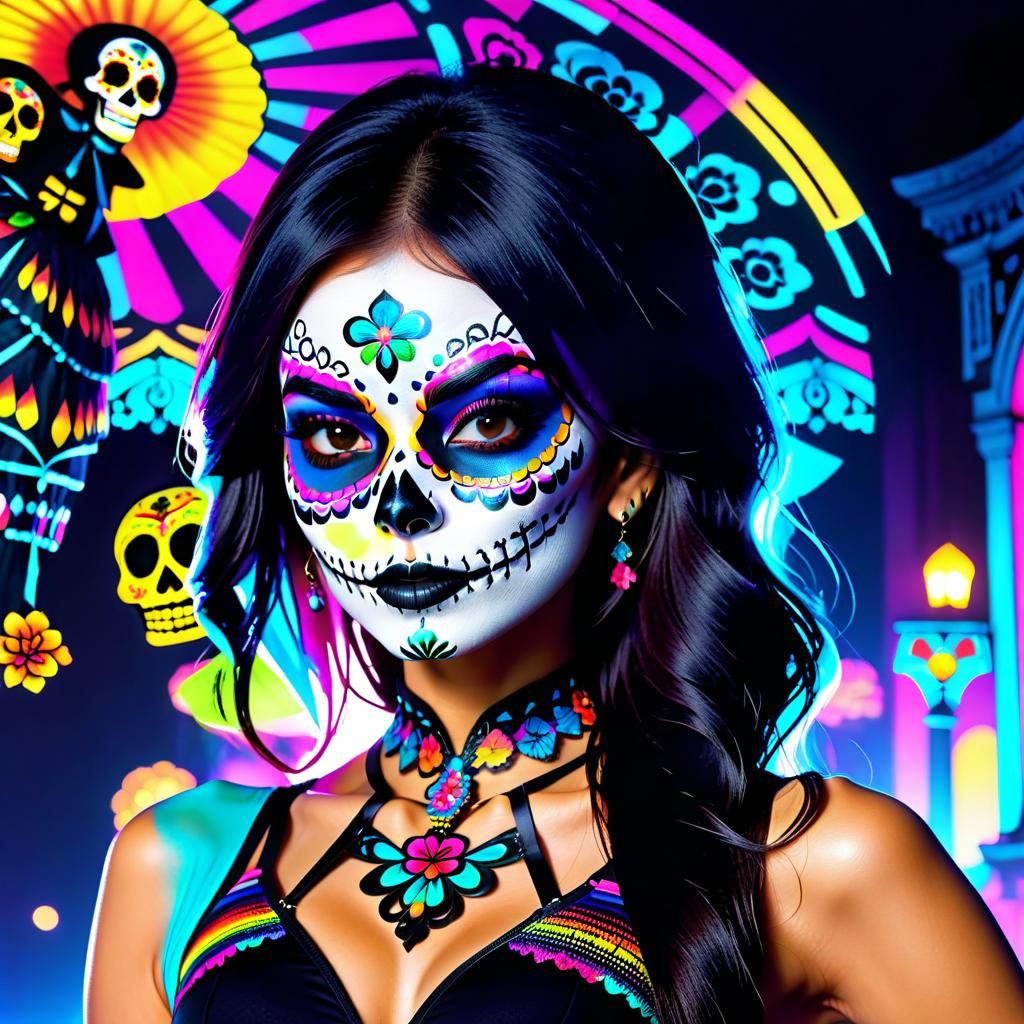 Vaporwave Double Exposure with Día de los Muertos Face Paint