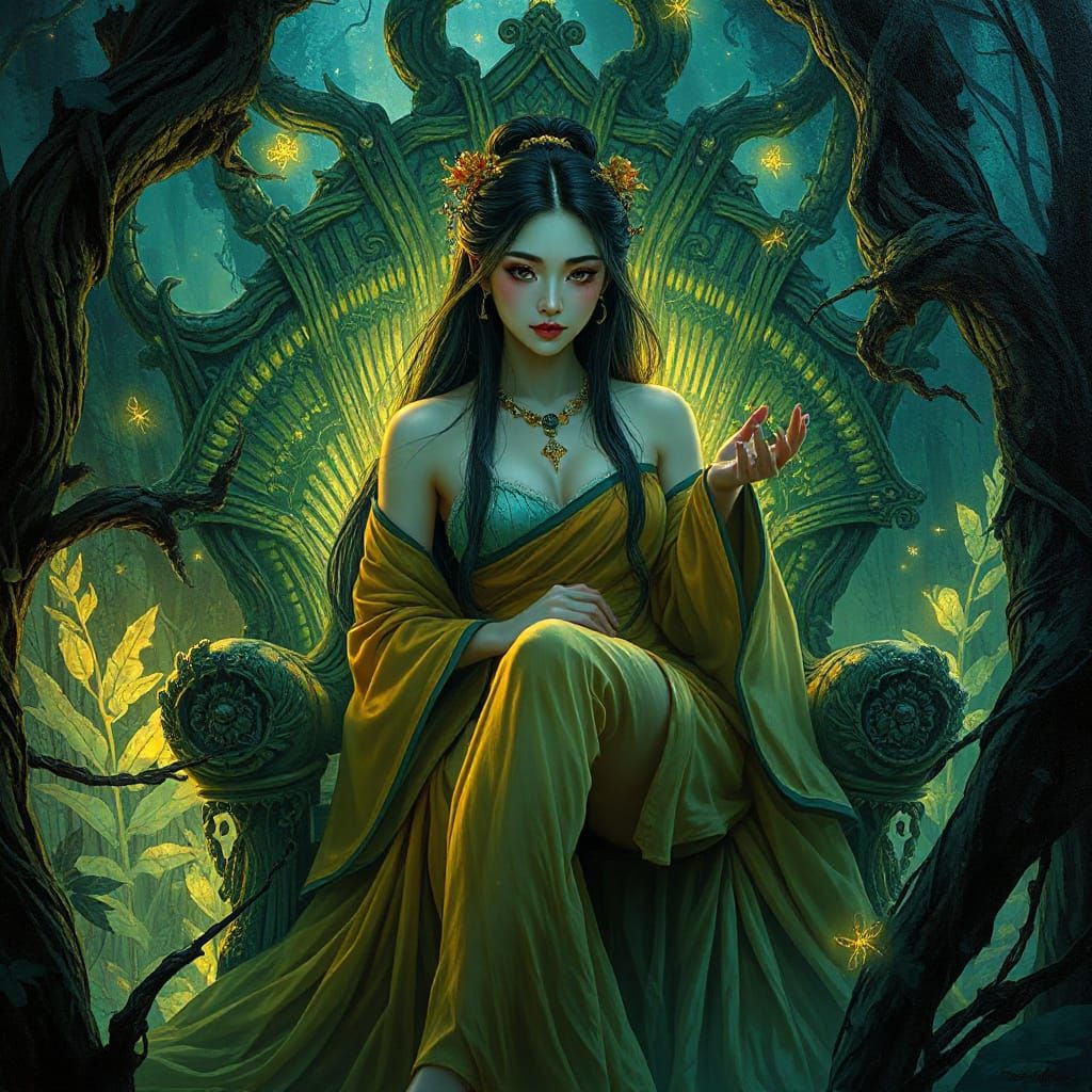 Ethereal Queen in Bioluminescent Jungle, Dark Fantasy Art
