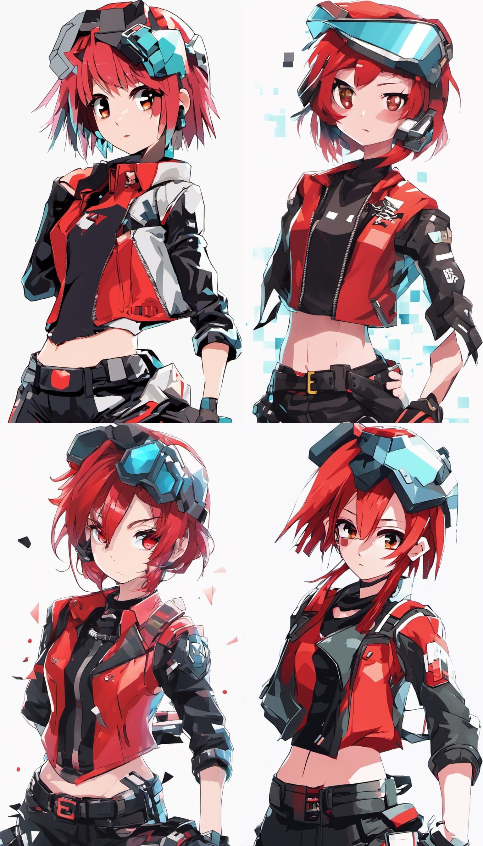 Stylized Red-Haired Motorcycle Rider in Anime Block Style
