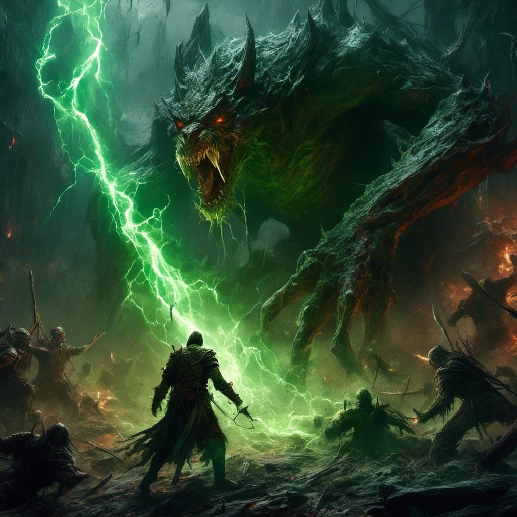 Mage Battles Horror Monster with Green Electricity