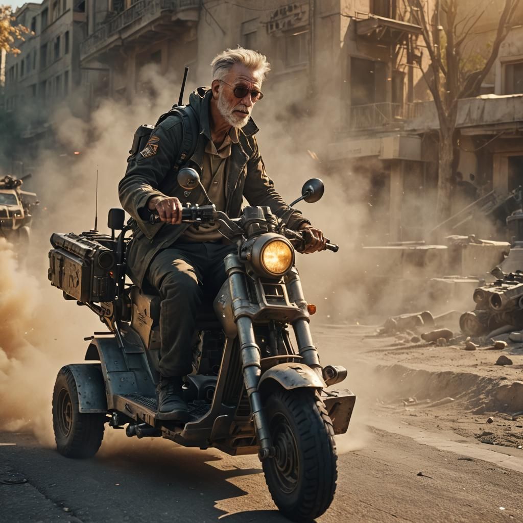 Heavily Armed Mobility Scooter in Action Movie Style