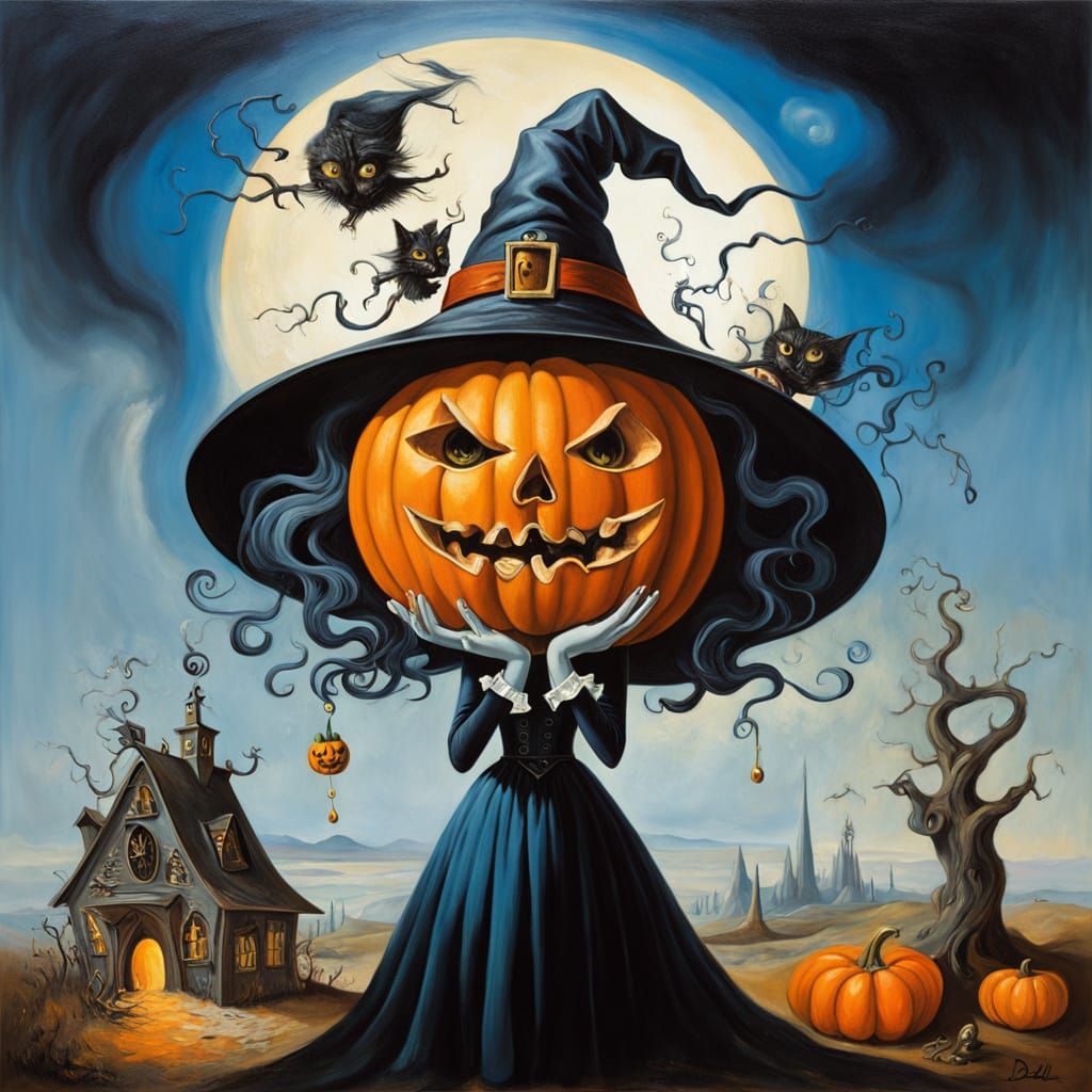 Cute Witch With Potion and Pumpkin, Surreal Oil Painting