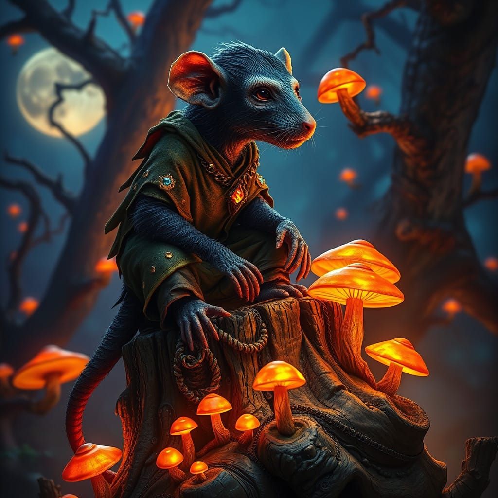 Mystical Rat Monkey Amidst Glowing Mushrooms and Twisted Vin...