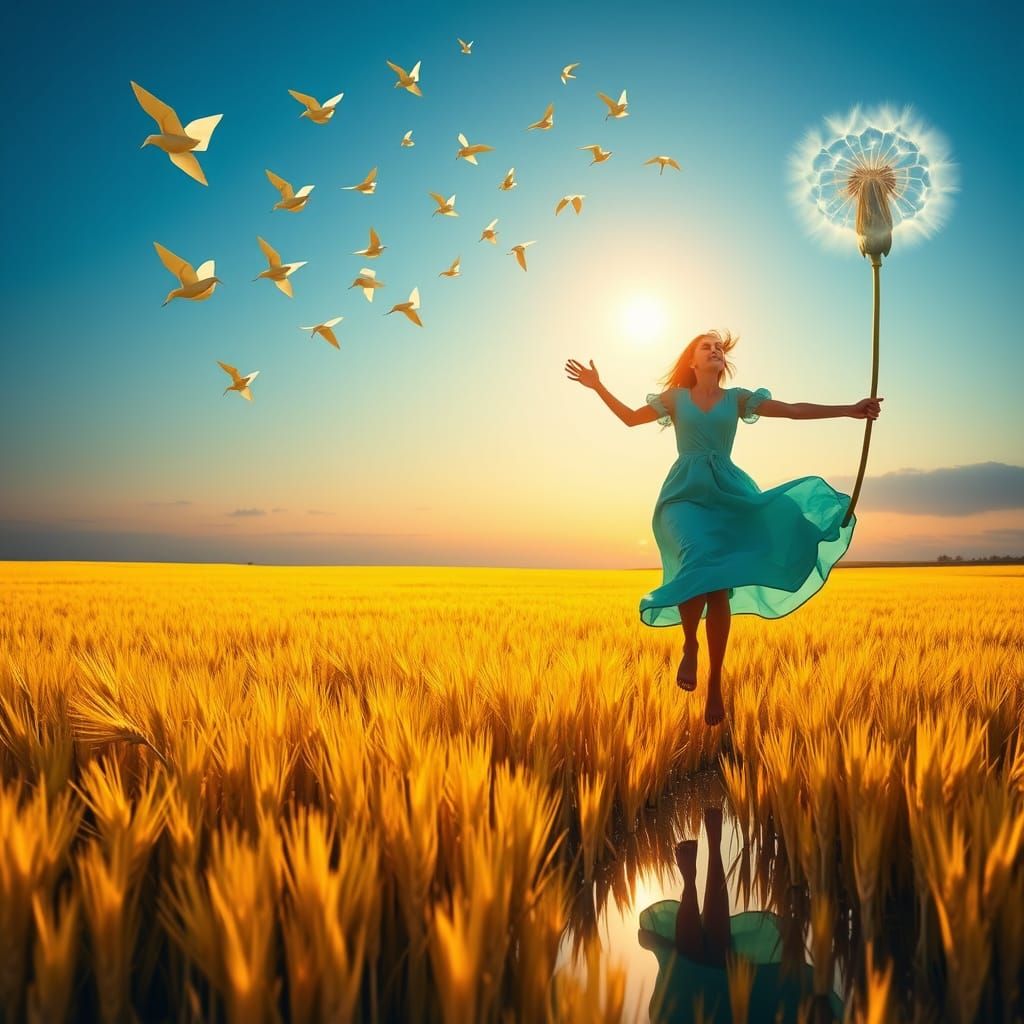 Woman Releasing Birds in Wheat Field, Expressionist Style