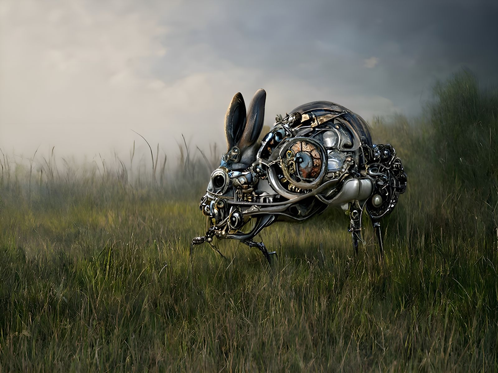 Steampunk Clockwork Hare in Field, Digital Painting
